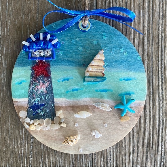 Coastal Lighthouse Holiday Ornament - Blue and Red - Picture 10 of 12